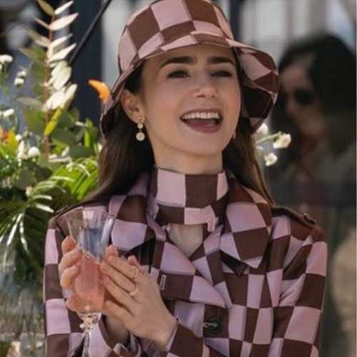 Lily Collins wearing Emily Pink Brown Puzzle Print Trench Coat