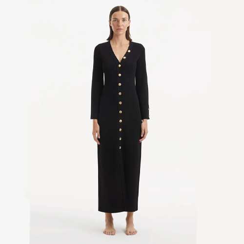Nira Black Knit Dress: Elegant V-Neck with Gold Shell Buttons